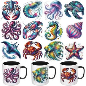 12pcs Marine Life Ocean UV DTF Cup Wraps Winter DTF Transfer Transfer Dateproof Sticker for Glass Cups Furniture Craft Crafts ， فرك على ملصقات النقل لمياه ماء زجاجة.