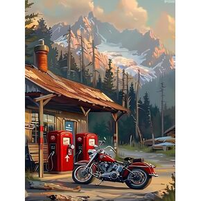 IPISSOI Diamond Painting Kits for Adults Gas Station and Motorcycle Motorcycle 5D DIY Diamond Art Kits Full Drill Diamond for Gift Wall Decor and Relaxation Gem Arts 12x16in