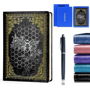 Bee Gifts Bee Faux Leather Vintage Journal Notebook Honey Bee Gifts,Hardcover Notebook for Women Men,Bee Lover Gifts,200 Pages 100 Gsm Journal Notebook with Pen,1 Pack Black A5 (Bee Black)