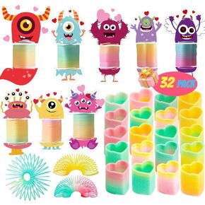 32 Pack Valentines Day Cards for Kids With Rainbow Coil Springs ، Trough Right Coil Springs Toys with 8 Designs Valentines Cards Hompts for Kids Classroom Exchange