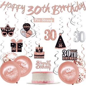 WOJOGO 30th Birthday Decorations for Women, Rose Gold 30 Birthday Decorations for Her Him, Including Happy 30th Birthday Banner Hanging Swirls Birthday Cake Topper Balloons for Party Supplies