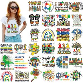 ESTUNE 30 PCS التوعية التوحيد الحديد على عمليات نقل الحديد التوحد على الشارات اللغز قوس قزح قمم فينيل بقع نقل ملصق حرارة لوسادة حقيبة الملابس تغطي ديني ديي (النمط الكلاسيكي)