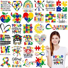 Estune 30 Pcs Autism Awareness Iron on Transfers Autism Iron on Decals Puzzle Rainbow Appliques Vinyl Patches Transfers Heat Sticker for Clothes Bag Pillow Covers DIY Decorations(Classic Style)
