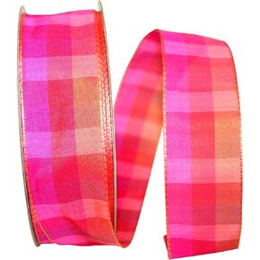 Reliant Ribbon Plaid Bright 3 Value Wired Edge Ribbon, 1-1/2 Inch X 50 Yards, Pink/orange