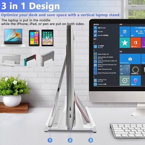 Vertical Laptop Stand Holder, ABS Organizer with Adjustable Dock, All in 1 Design Space-Saving, Sturdy Laptop Computer Holder for PC up to 17.3 inches, MacBook, Mini PC, Pad, Phone (Black, 1 Slot) in Kuwait