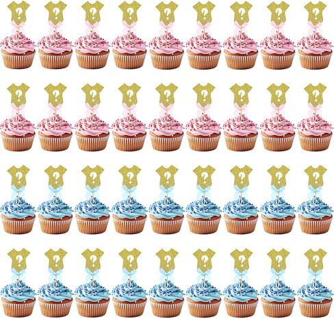 Grevosea 36pcs بين الجنسين تكشف عن القبعات العليا كب كيك ، زرقاء بريق بلاتسي مارك كب كيك يختار صبيًا أو فتاة استحمام الطفل لوازم حفلة عيد ميلاد الأطفال in Kuwait