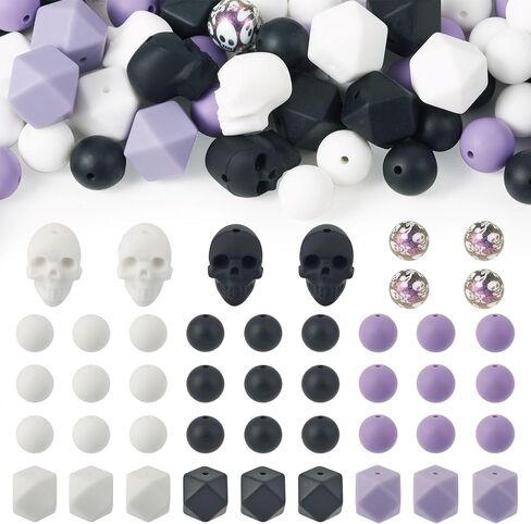 71Pcs Halloween Silicone Beads 15mm Silicone Round Focal Beads Purple Black White Skull Head Assorted Rubber Beads for Lanyard Bracelet Pens Jewelry Making in Saudi Arabia