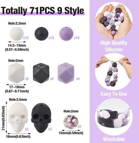 71Pcs Halloween Silicone Beads 15mm Silicone Round Focal Beads Purple Black White Skull Head Assorted Rubber Beads for Lanyard Bracelet Pens Jewelry Making in Saudi Arabia