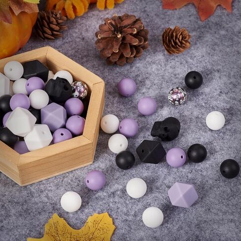 71Pcs Halloween Silicone Beads 15mm Silicone Round Focal Beads Purple Black White Skull Head Assorted Rubber Beads for Lanyard Bracelet Pens Jewelry Making in Saudi Arabia