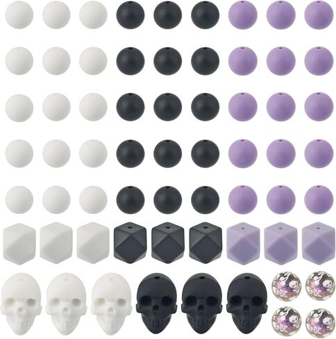 71Pcs Halloween Silicone Beads 15mm Silicone Round Focal Beads Purple Black White Skull Head Assorted Rubber Beads for Lanyard Bracelet Pens Jewelry Making in Saudi Arabia