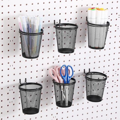 Spakon 6 Sets Pegboard Cups with Ring Hook Pegboard Bin Holder Organizer Multipurpose Pen Cup Metal Pencil Holder for Desk Office Garage(Black,2.95x2.95x3.74'',Straight) in Kuwait