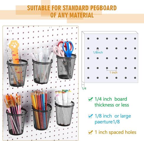 Spakon 6 Sets Pegboard Cups with Ring Hook Pegboard Bin Holder Organizer Multipurpose Pen Cup Metal Pencil Holder for Desk Office Garage(Black,2.95x2.95x3.74'',Straight) in Kuwait