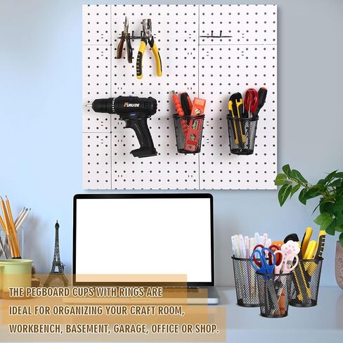 Spakon 6 Sets Pegboard Cups with Ring Hook Pegboard Bin Holder Organizer Multipurpose Pen Cup Metal Pencil Holder for Desk Office Garage(Black,2.95x2.95x3.74'',Straight) in Kuwait