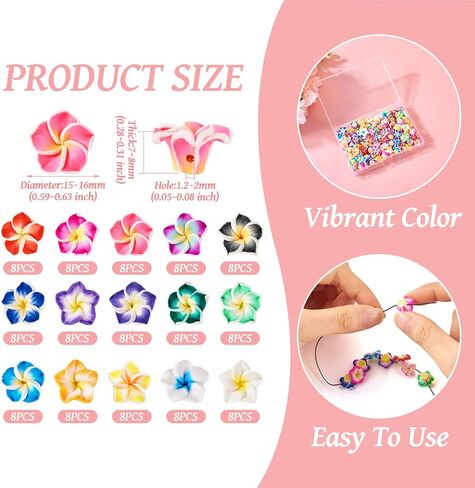 120Pcs Polymer Clay 3D Flower Beads Colorful Floral Plumeria Spacer Beads Small Flower Cabochons Charms Blossom Floral Loose Bead for DIY Hawaiian Summer Jewelry Making in Kuwait