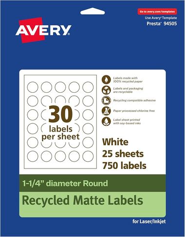 Avery EcoFriendly Matte White Recycled Round Labels, 1.25" Diameter, Print-to-The-Edge, Matte White Labels, Permanent Label Adhesive, Laser/Inkjet, 300 Printable Labels in Saudi Arabia