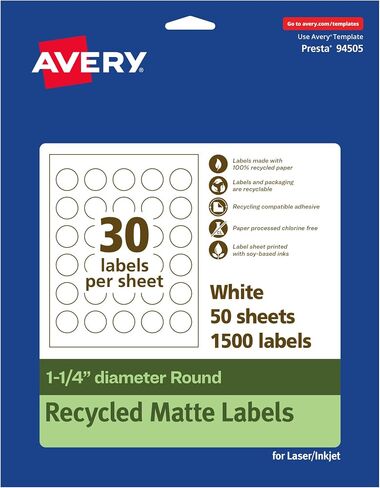 Avery EcoFriendly Matte White Recycled Round Labels, 1.25" Diameter, Print-to-The-Edge, Matte White Labels, Permanent Label Adhesive, Laser/Inkjet, 300 Printable Labels in Saudi Arabia