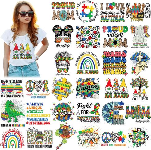 Estune 30 Pcs Autism Awareness Iron on Transfers Autism Iron on Decals Puzzle Rainbow Appliques Vinyl Patches Transfers Heat Sticker for Clothes Bag Pillow Covers DIY Decorations(Classic Style) in Kuwait