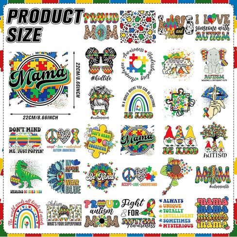 Estune 30 Pcs Autism Awareness Iron on Transfers Autism Iron on Decals Puzzle Rainbow Appliques Vinyl Patches Transfers Heat Sticker for Clothes Bag Pillow Covers DIY Decorations(Classic Style) in Kuwait