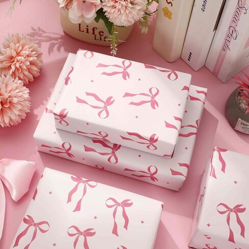 JarThenaAMCS Pink Bow Wrapping Paper -Mini Roll- 17In x 32.8 Ft Cute Bowknot Wrap Paper Bowtie Craft Paper For Valentine's Day Party Packing Supplies in Kuwait