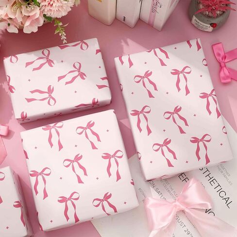 JarThenaAMCS Pink Bow Wrapping Paper -Mini Roll- 17In x 32.8 Ft Cute Bowknot Wrap Paper Bowtie Craft Paper For Valentine's Day Party Packing Supplies in Kuwait