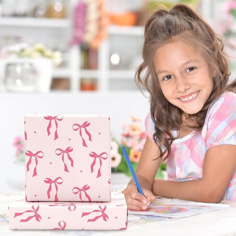 JarThenaAMCS Pink Bow Wrapping Paper -Mini Roll- 17In x 32.8 Ft Cute Bowknot Wrap Paper Bowtie Craft Paper For Valentine's Day Party Packing Supplies in Kuwait