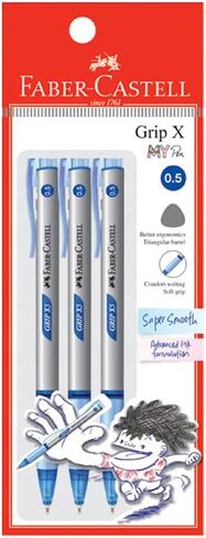 Faber-Castell Grip X Ergonomic Ballpoint Pen Pack of 3 (0.5mm - Black) Triangular Barrel, Fatigue Free Writing, Super Smooth in Saudi Arabia