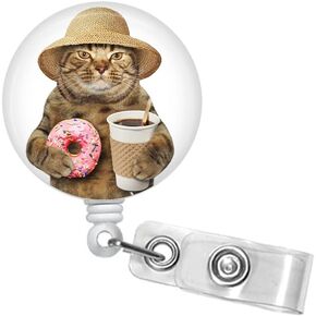 Funny Cat with Donut and Coffee Cute Cat Lovers Retractable Badge Reel ID Holder #84