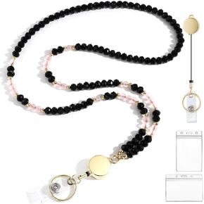 Lanyards for ID Badges for Women Cute,Teacher Lanyard for Women Retractable Natural Crystal Beaded Lanyards for Keys (Pink Quartz)