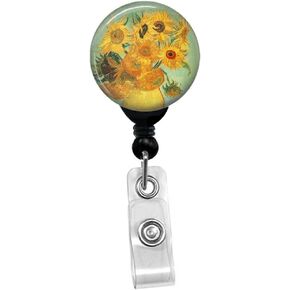 Vincent Van Gogh - Sunflowers -Retractable Badge Reel - ID Name Tag Custom Badge Holder (Black Badge Reel with Belt Slide Clip)