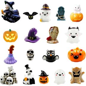 Suartus Halloween Miniature Figurines - 18Pcs Resin Pumpkin Ghost Tombstones Ornaments for Outdoor Home Village Bonsai Crafts Decor