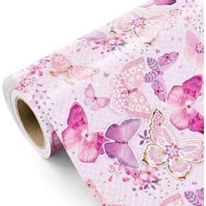 WRAPAHOLIC Pink Butterfly Wrapping Paper Roll - Mini Roll - 17 Inch x 9.8 Feet - Fantasy Butterfly Design, Perfect for Birthday, Wedding, Bridal Shower