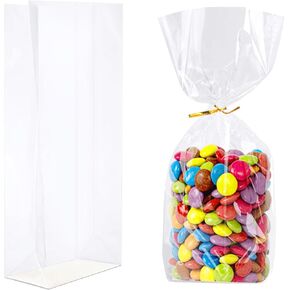 Likpikin Gusseted Cellophane Bags, Flat Bottom Clear Bags with Thick Paper Insert, 50 Pcs, 3x2x8 Inches, Cookie Bags, Smore Bags, Comes with Gold Twist Ties (50)