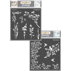 CrafTreat Reusable Wild Flower Stencils for Painting on Wood, Canvas, Paper, Fabric, Floor, Wall and Tile - Wild Flowers and Leaves and Branch - 2 Pcs - 6x6 Inches Each - DIY Art and Craft Stencils