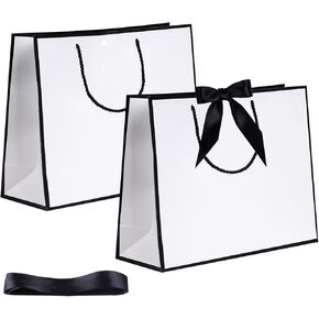 أكياس هدايا 2pcs مع مقابض ، حقيبة هدايا عيد ميلاد متوسطة الحجم مع شريط القوس لحفل الزفاف عيد الشكر عيد ميلاد هدايا Houswarming HomeS (أبيض أسود)