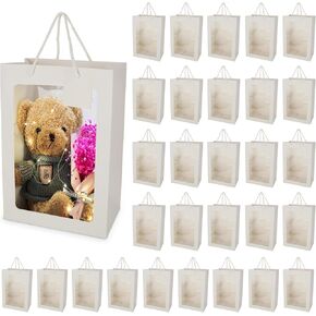 30 Pack White Gift Bag with Clear Window, 13.4 x 9.4 x 5.5 Inch Clear Bouquet Gift Bags with Handle, Empty Paper Tote Flower Shopping Bags for Wedding, Valentines, Bridal Shower, Festivals Party