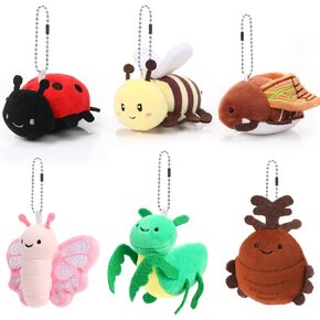 Meooeck 6 Pcs Cute Insect Plush Toys 4 Inch Small Ladybug Bee Moth Butterfly Mantis Beetle Stuffed Keychains Soft Cuddly Insect Plushies for Birthday Party Supplies Classroom Prizes Animal Collections