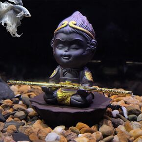 Sun WU Kong with JIN GU Bang and LIAN Hua TAI Base Set for Fish Tank Decoration, Ceramic Wukong Desktop Ornaments with Metal Stick, 3Pack Aquarium Betta Fish Decor