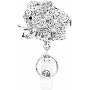 Bling Elephant Badge Reel, Full of Extra Bling Silvery Rhinestones, Retractable ID Badge Holder with Belt Clip, Name Badge Clip for Women Nurse RN