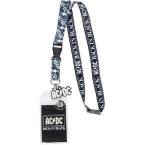 AC/DC Back in Black Reversible ID Lanyard Badge Holder with Rubber Logo Charm and Collectible Sticker