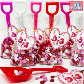 36 Packs Plastic Shovels with Valentines Day “I DIG You" Gift Cards and Bags for School Classroom Valentine’s Exchange Greeting Cards (Candy Not Included)