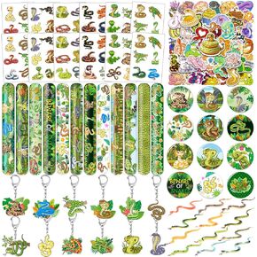 110 Pcs Snake Party Favors, Snake Temporary Tattoos Slap Bracelets Keychains Stickers Badges Snake Toy for Snake Birthday Party Decorations Supplies Gifts for Kids Classroom Rewards