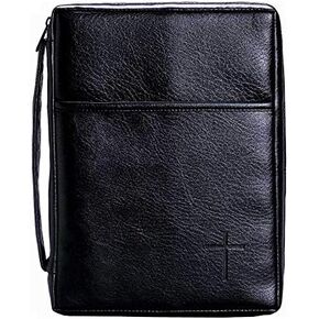 Soft Black Embossed Cross with Front Pocket Leather Look Bible Cover with Handle, Small
