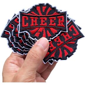 Set 12pcs Red Black Cheer Cheerleading Cheerleader Pom Poms Iron On Patch Sports Squad Team Games Football Baseball Game Day Patches Appliques Trucker Hat Cap Jacket Denim Jeans Shirt 2.6"x2"
