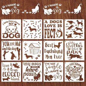 12 PCS Dog Stencils for Painting on Wood Inspirational Stencils Reusable Dog Paw Templates for Painting on Wood Wall Canvas DIY Scrapbooks Crafts Home Decor, 5.9 x 5.9 Inch