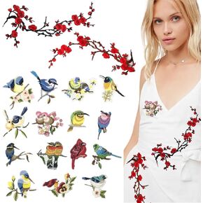 17 PCS Cute Birds Patch Plum Blossom Embroidered Appliques Various Styles Sew on Iron on Birds Patches Vintage Plum Blossom Patch for Holes Jeans Jacket Hat Dress Backpack DIY Clothes Accessory