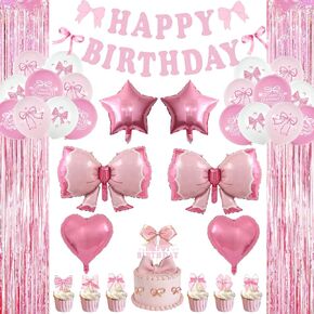 Coquette Birthday Decorations, Pink Birthday Decorations Bow Themed Coquette Balloons Party Decorations Sweet 16 Party Decorations Set for Girls Women Include Balloons Banner Cake Toppers and Backdrop