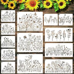 13 Pieces Wildflower Stencils for Painting,Spring Small Wild Flower Stencils for Painting on Wood Wall Canvas Fabric Home Decor