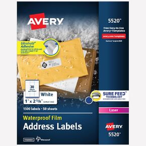 Avery Waterproof Sticker Labels for Printer - 1" x2-5/8 Mailing Labels, Ultrahold Permanent Adhesive, Laser Printers, 1,500 Printable Avery Address Label Sheets (5520)