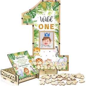 Saillong Woodland Animals Theme 1st Birthday Decorations Baby Shower Guest Book Alternatives Boy and Girl First Birthday Photo Frame with 30 Wood Tokens for 1st Party Centerpiece Keepsakes
