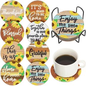 Sunnyray 8 Pcs Sunflower Diamond Painting Coasters Diamond Art Coasters Diamond Painting Kits with Holder Shining Drink Coasters for Birthday Presents Beginners Craft Supplies Kids Adults